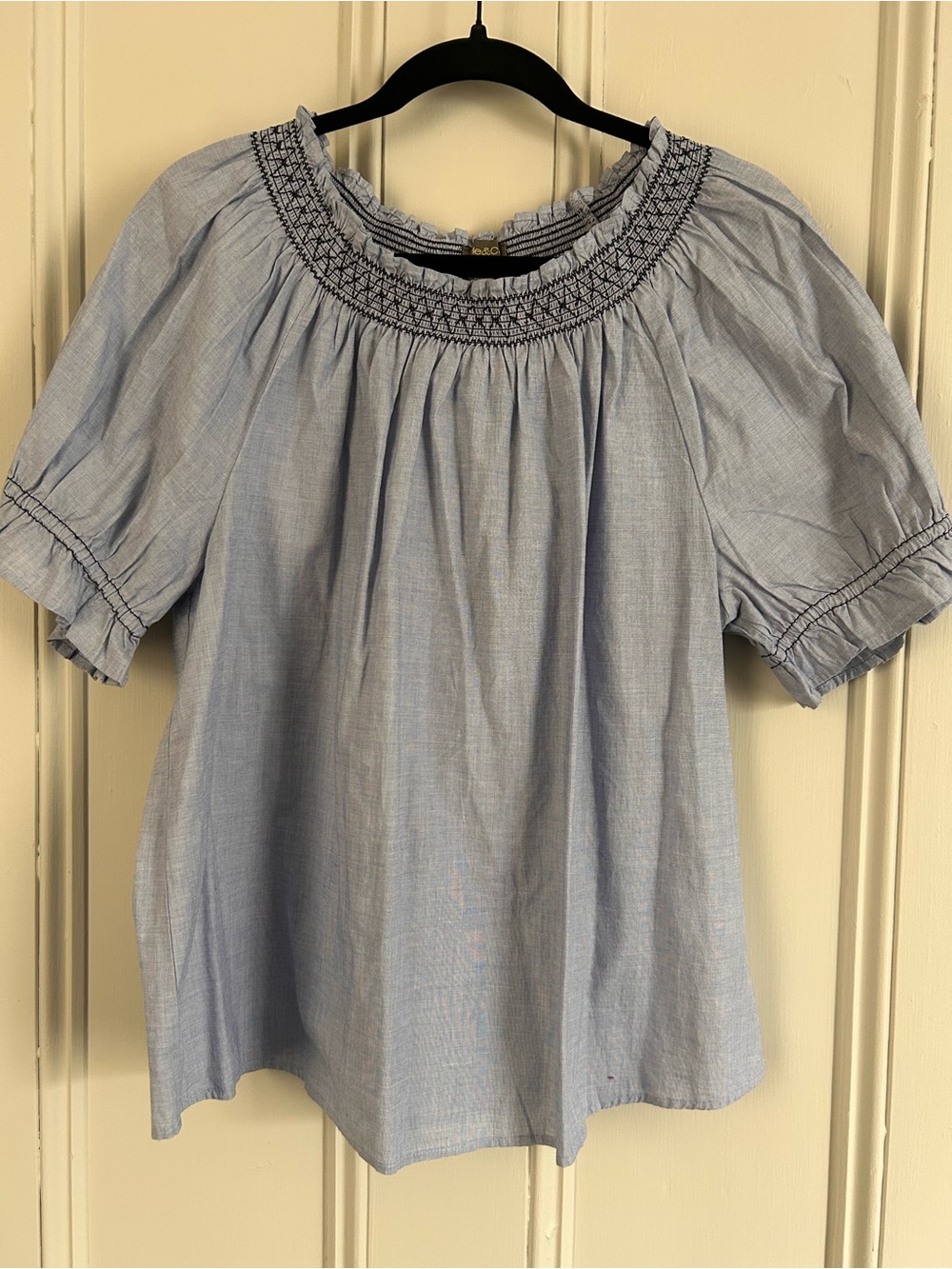 Women's Light Blue Smocked Neck Short Sleeve Top